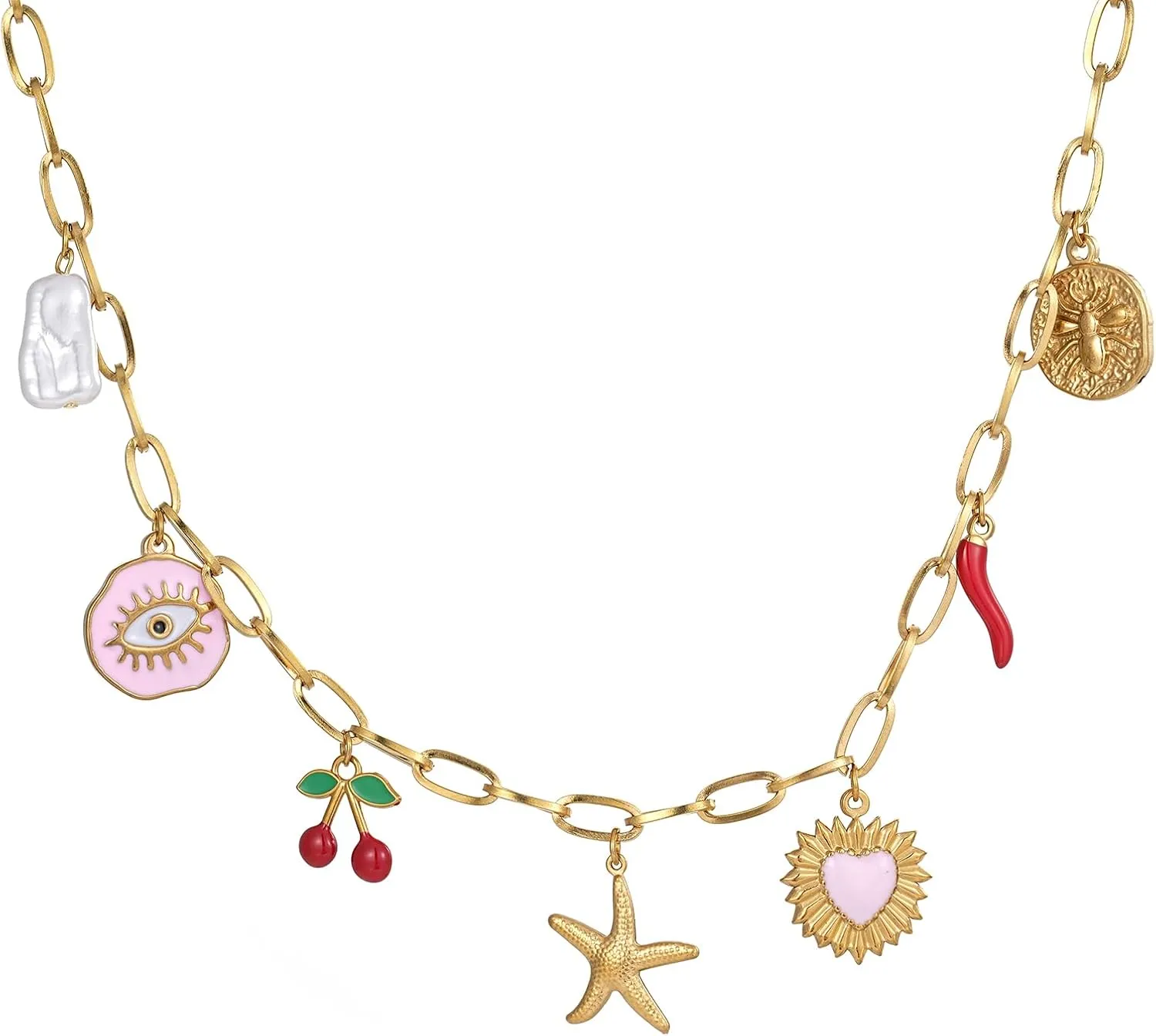 Trendy Stainless Steel Gold Plated Charm Necklace with Heart Pearl Pepper Conch Ceramic Pendant Necklace for Women Collares Chokers Jewelry