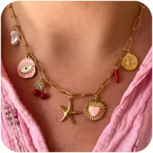Trendy Stainless Steel Gold Plated Charm Necklace with Heart Pearl Pepper Conch Ceramic Pendant Necklace for Women Collares Chokers Jewelry