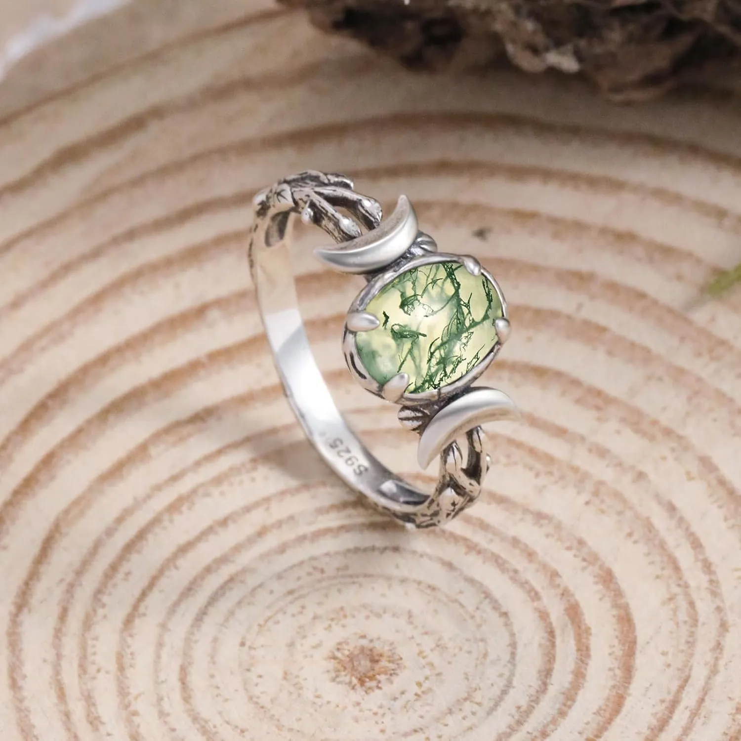 Triple Moon Rings 925 Sterling Silver Moon Phase Rings for Women Oval Moonstone/Teal Turquoise/Moss Agate Inlay Western Boho Gemstone Ring Jewelry Oxidized Silver Gift for Women Size 5-9