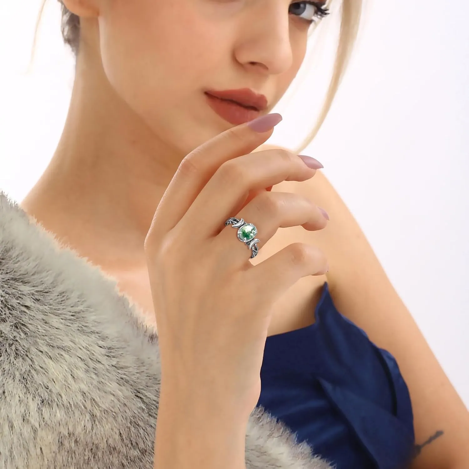 Triple Moon Rings 925 Sterling Silver Moon Phase Rings for Women Oval Moonstone/Teal Turquoise/Moss Agate Inlay Western Boho Gemstone Ring Jewelry Oxidized Silver Gift for Women Size 5-9