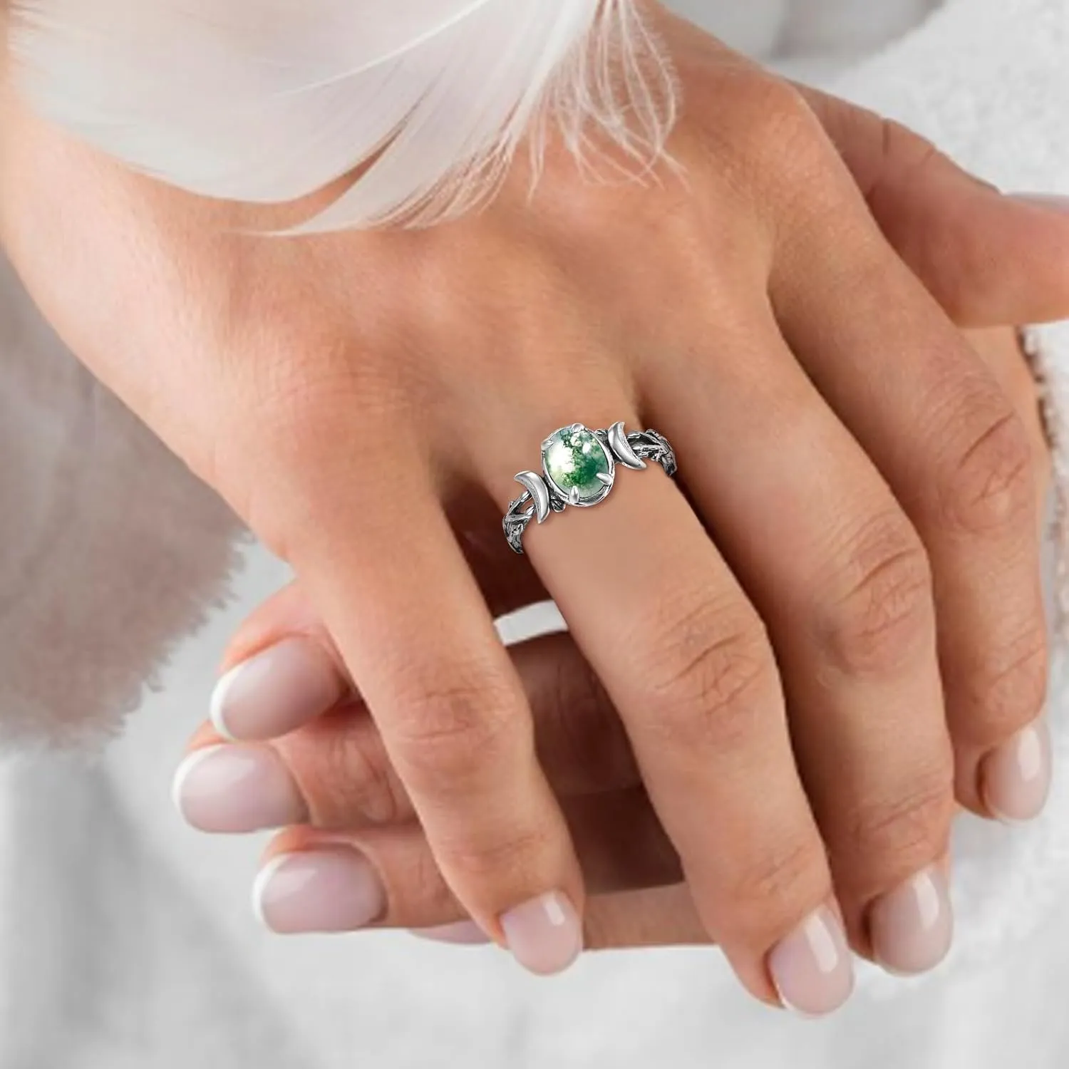 Triple Moon Rings 925 Sterling Silver Moon Phase Rings for Women Oval Moonstone/Teal Turquoise/Moss Agate Inlay Western Boho Gemstone Ring Jewelry Oxidized Silver Gift for Women Size 5-9