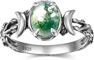 Triple Moon Rings 925 Sterling Silver Moon Phase Rings for Women Oval Moonstone/Teal Turquoise/Moss Agate Inlay Western Boho Gemstone Ring Jewelry Oxidized Silver Gift for Women Size 5-9