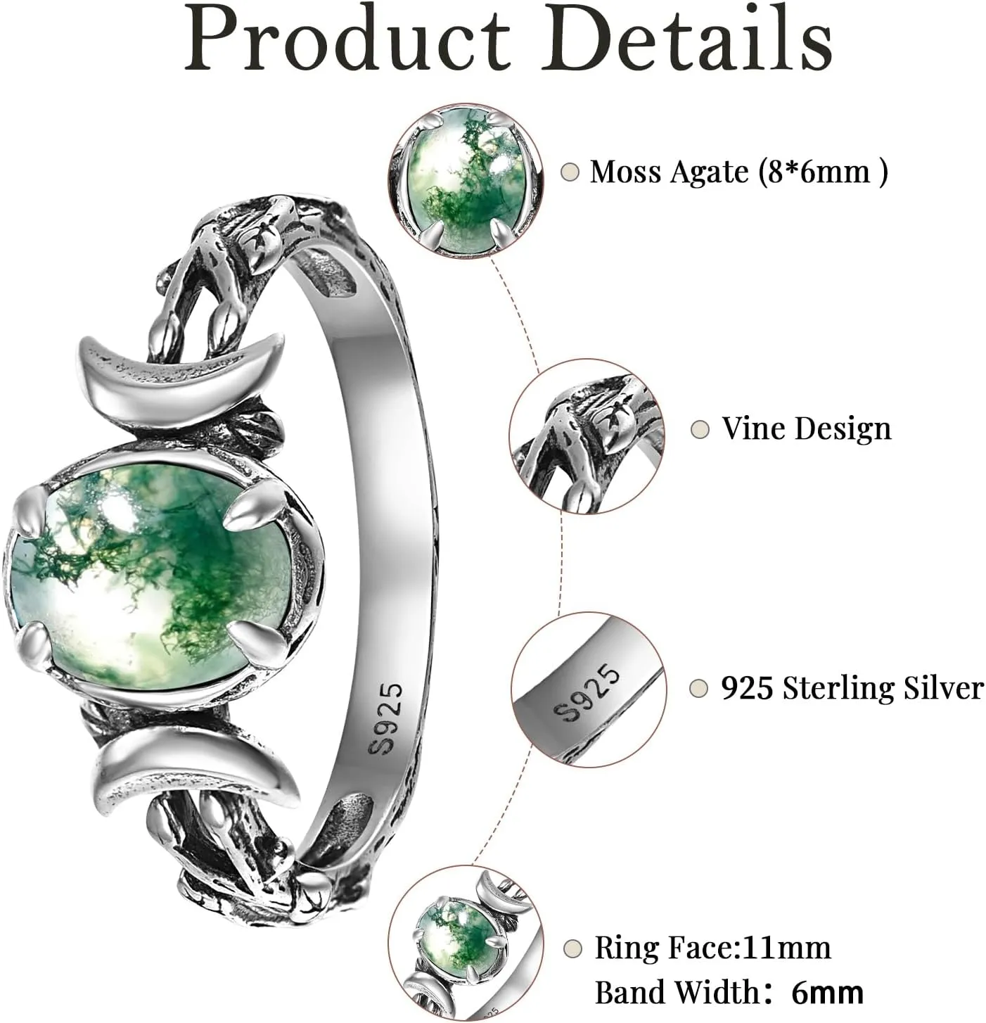 Triple Moon Rings 925 Sterling Silver Moon Phase Rings for Women Oval Moonstone/Teal Turquoise/Moss Agate Inlay Western Boho Gemstone Ring Jewelry Oxidized Silver Gift for Women Size 5-9