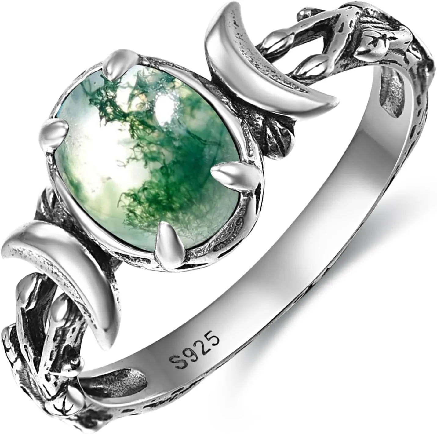 Triple Moon Rings 925 Sterling Silver Moon Phase Rings for Women Oval Moonstone/Teal Turquoise/Moss Agate Inlay Western Boho Gemstone Ring Jewelry Oxidized Silver Gift for Women Size 5-9