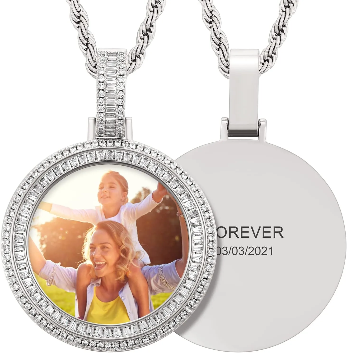 TUHE Personalized Picture Pendant Necklace For Men Women Custom Photo Name Necklace Hip Hop Iced Out Diamond Round Customized Memory Picture Chains Pendants