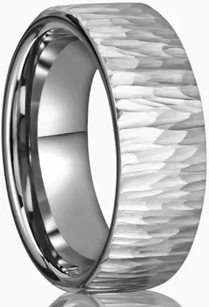 Tungsten Carbide Ring for Men Women 8mm Silvery Hammered Bark Textured Classic Men's Wedding Bands Polished Comfortable Fit Suitable for Party Anniversary