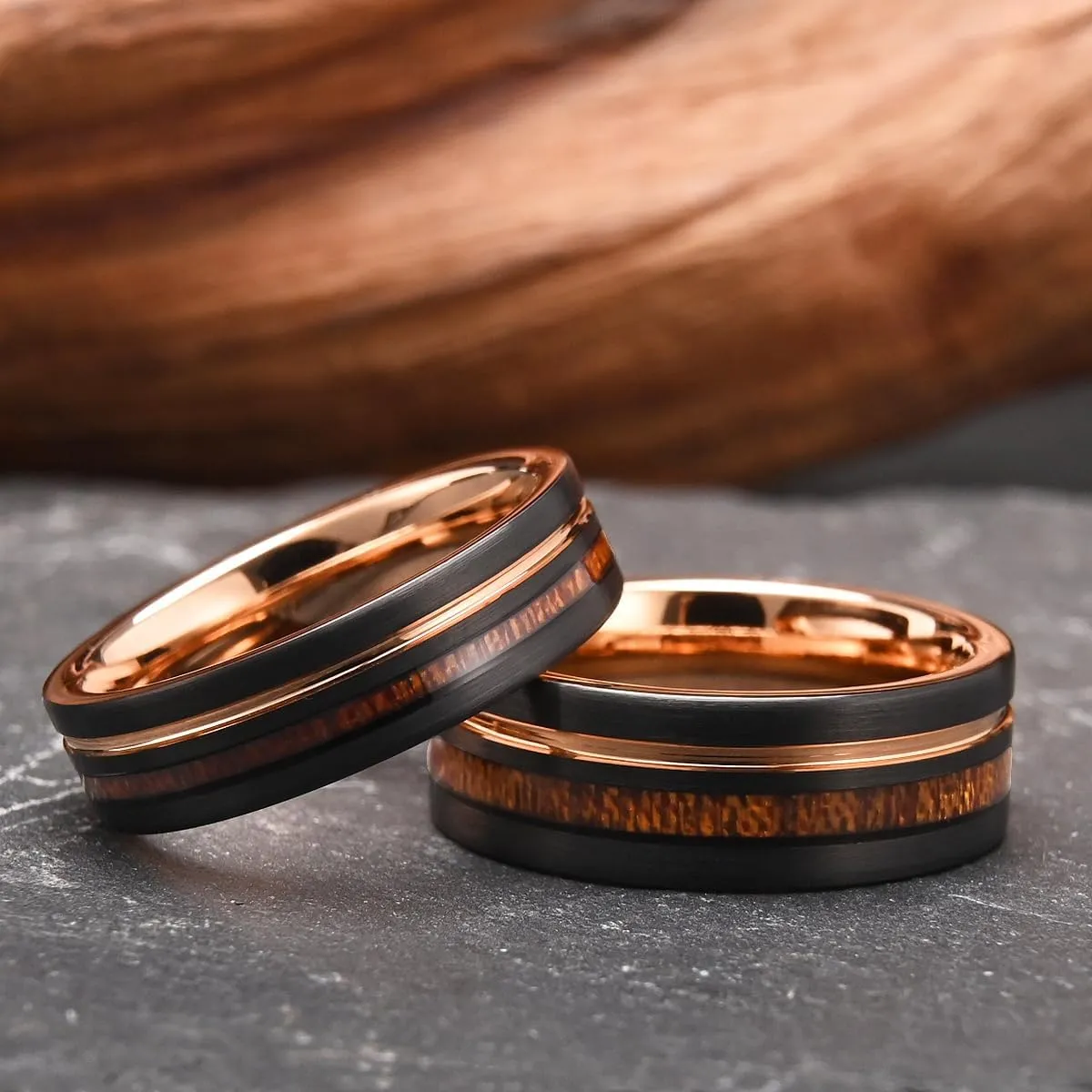 Tungsten Carbide Rings for Men Women 8MM/6MM Men's Engagement Wedding Bands Rose Gold Groove Inlaid Wood Matte Brushed