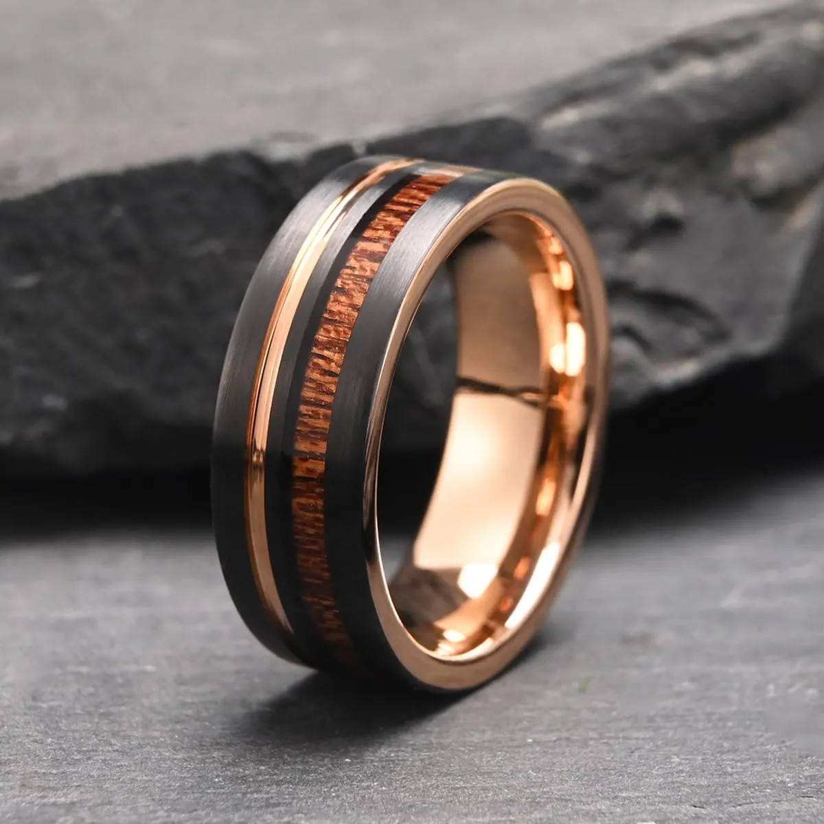 Tungsten Carbide Rings for Men Women 8MM/6MM Men's Engagement Wedding Bands Rose Gold Groove Inlaid Wood Matte Brushed