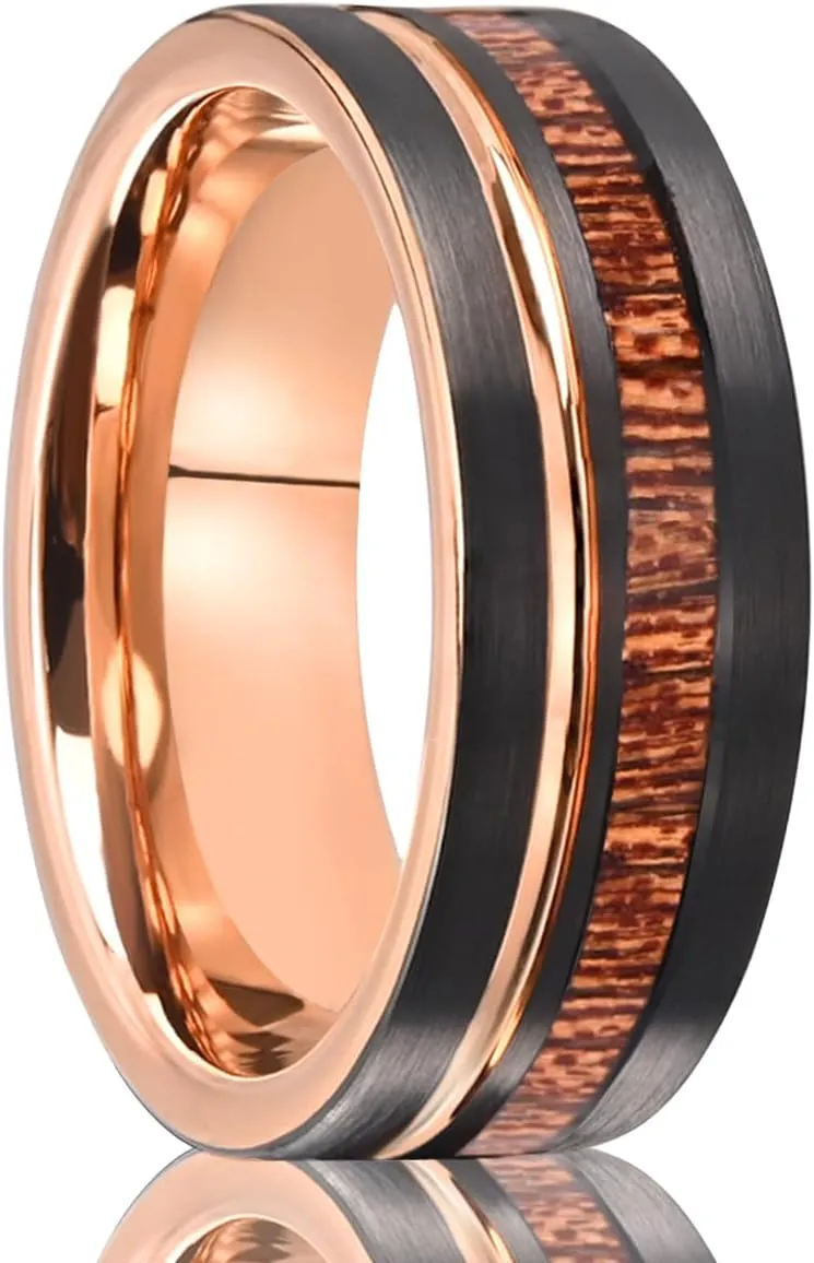 Tungsten Carbide Rings for Men Women 8MM/6MM Men's Engagement Wedding Bands Rose Gold Groove Inlaid Wood Matte Brushed