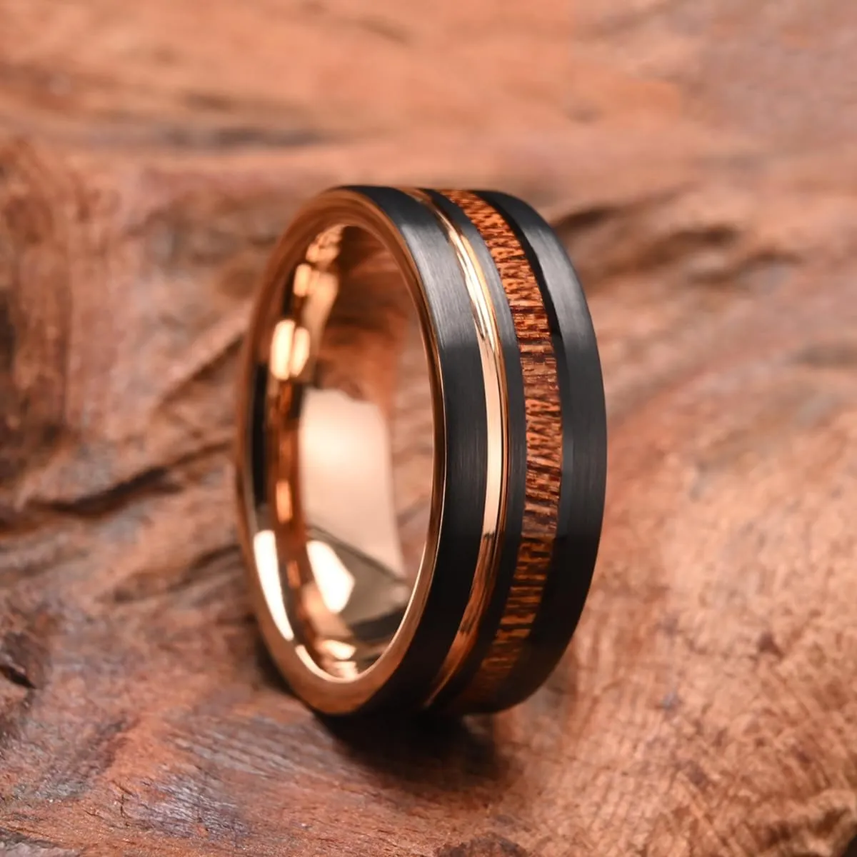 Tungsten Carbide Rings for Men Women 8MM/6MM Men's Engagement Wedding Bands Rose Gold Groove Inlaid Wood Matte Brushed