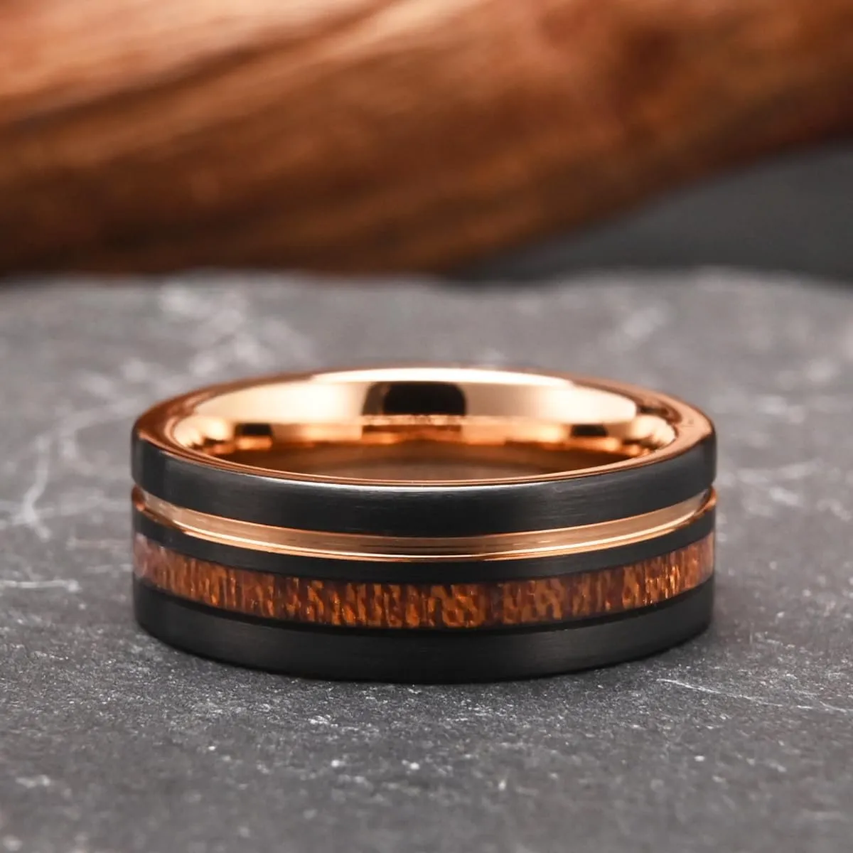 Tungsten Carbide Rings for Men Women 8MM/6MM Men's Engagement Wedding Bands Rose Gold Groove Inlaid Wood Matte Brushed
