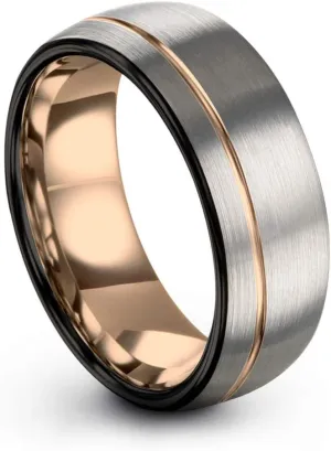 Tungsten Wedding Band Ring 8mm for Men Women 18k Rose Yellow Gold Plated Dome Off Set Line Black Grey Brushed Polished
