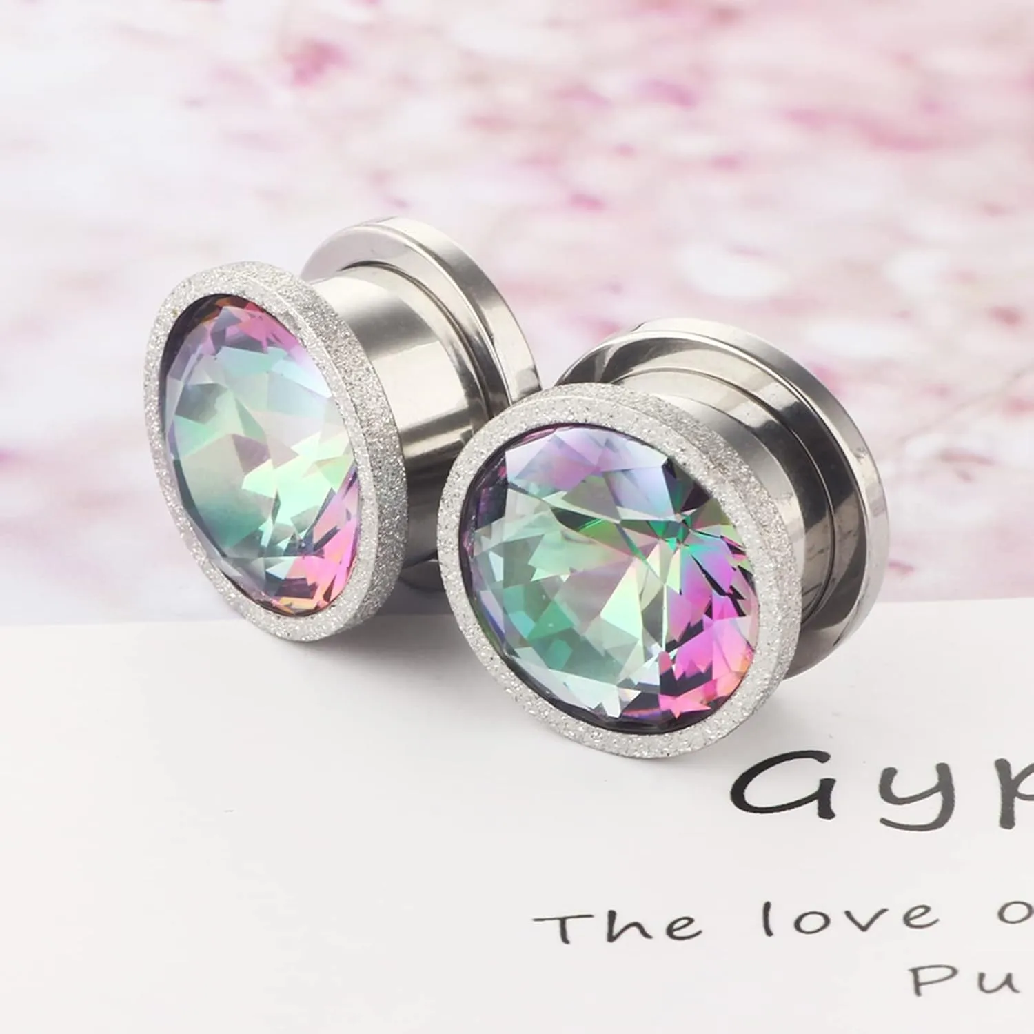 Tunnel Gauges, 2PCS Stainless Steel Tunnels For Ears Simple Round Multicolor Cubic Zirconia Ear Gauges 00G Body Piercings Jewelry