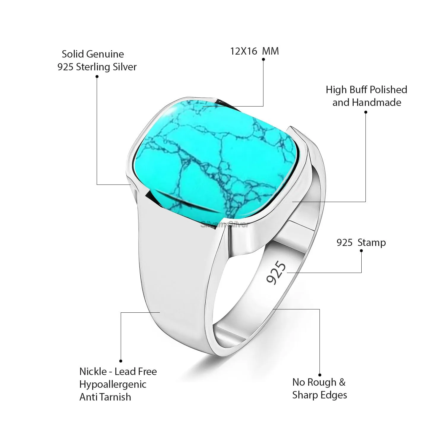 Turquoise Solid 925 Sterling Silver Signet Rings for Him, Men, Beautiful Handcrafted Christmas Gift for Fathers, Son, Boyfriend, Friend (US Ring size 11)