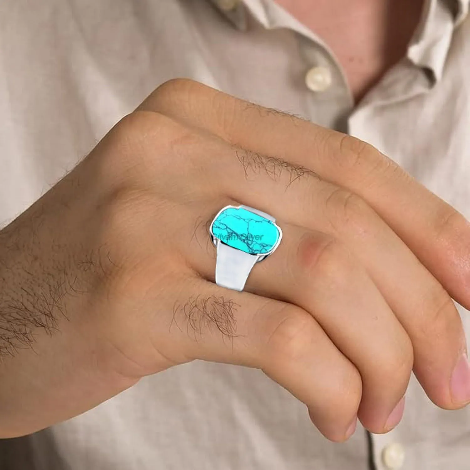 Turquoise Solid 925 Sterling Silver Signet Rings for Him, Men, Beautiful Handcrafted Christmas Gift for Fathers, Son, Boyfriend, Friend (US Ring size 11)