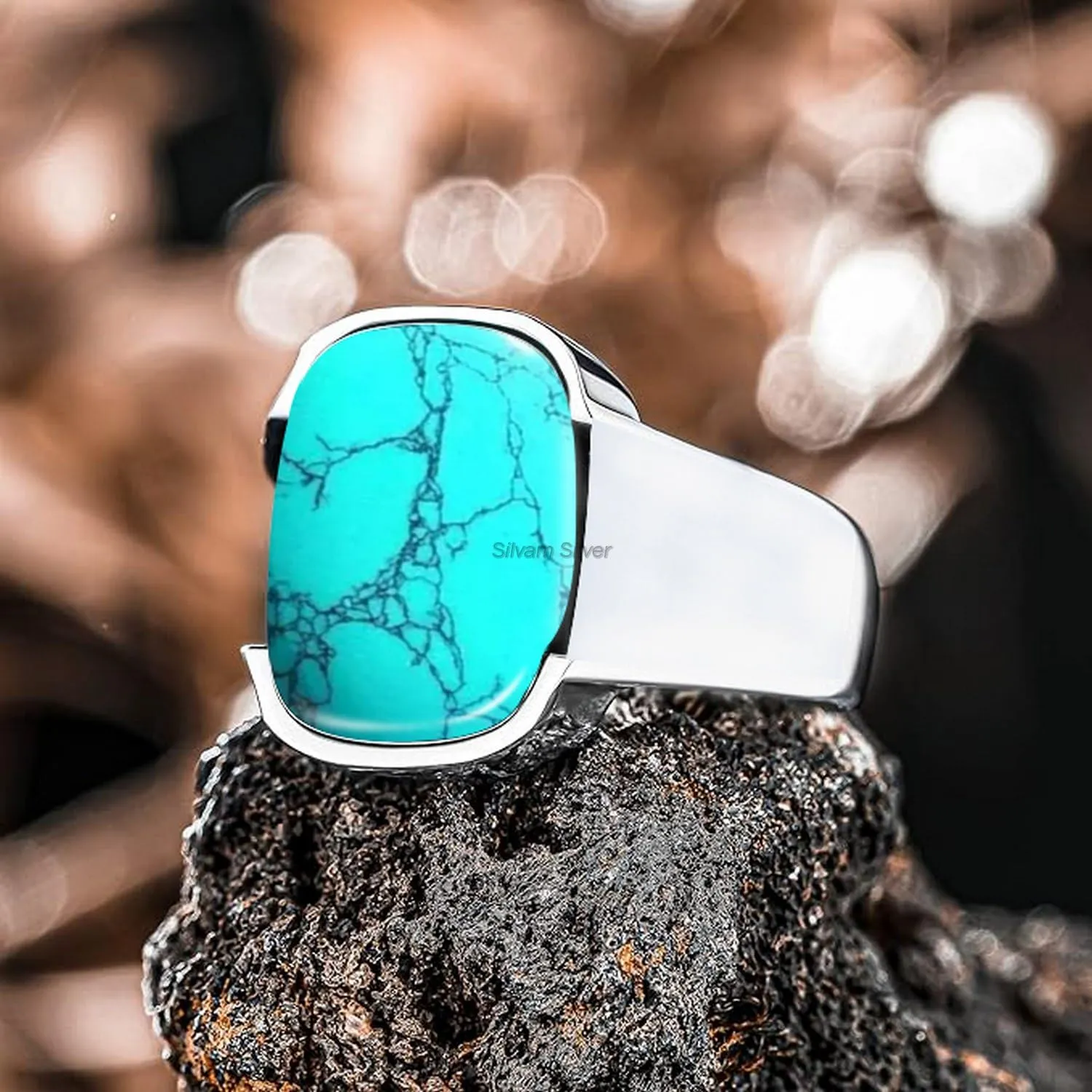 Turquoise Solid 925 Sterling Silver Signet Rings for Him, Men, Beautiful Handcrafted Christmas Gift for Fathers, Son, Boyfriend, Friend (US Ring size 11)