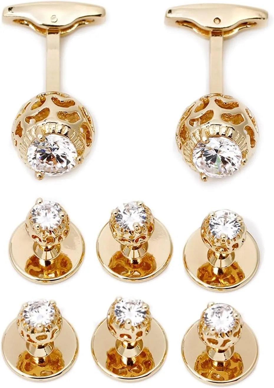 Tuxedo Studs and Cufflinks Set, Mens Cufflinks and Studs Round Cubic Zirconia Gold Copper