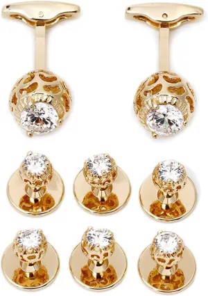 Tuxedo Studs and Cufflinks Set, Mens Cufflinks and Studs Round Cubic Zirconia Gold Copper