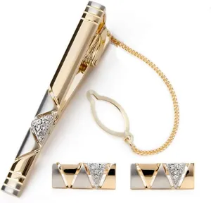 Two Tone Cufflinks and Tie Clip Set with Gift Box and Greeting Card, Stylish Golden Cufflinks and Tie Clip Gift Set for Men