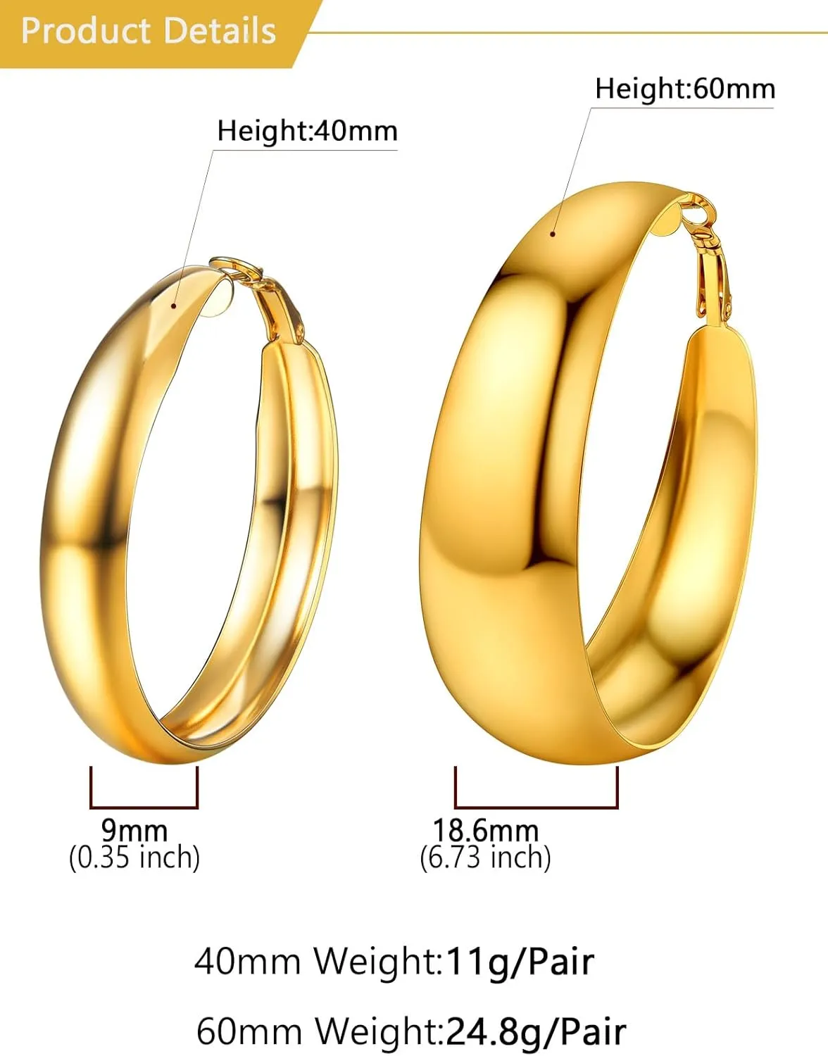 U7 Chunky Hoop Earrings for Women, 30/40/60/80mm Stainless Steel Hoops, Gold Hoop Earrings, Simple & Polished Thick Ear Jewelry,Black Hoop Earrings