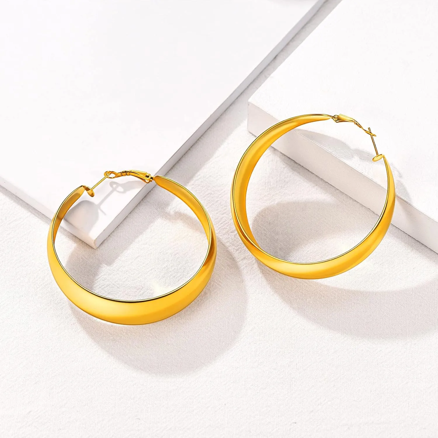 U7 Chunky Hoop Earrings for Women, 30/40/60/80mm Stainless Steel Hoops, Gold Hoop Earrings, Simple & Polished Thick Ear Jewelry,Black Hoop Earrings