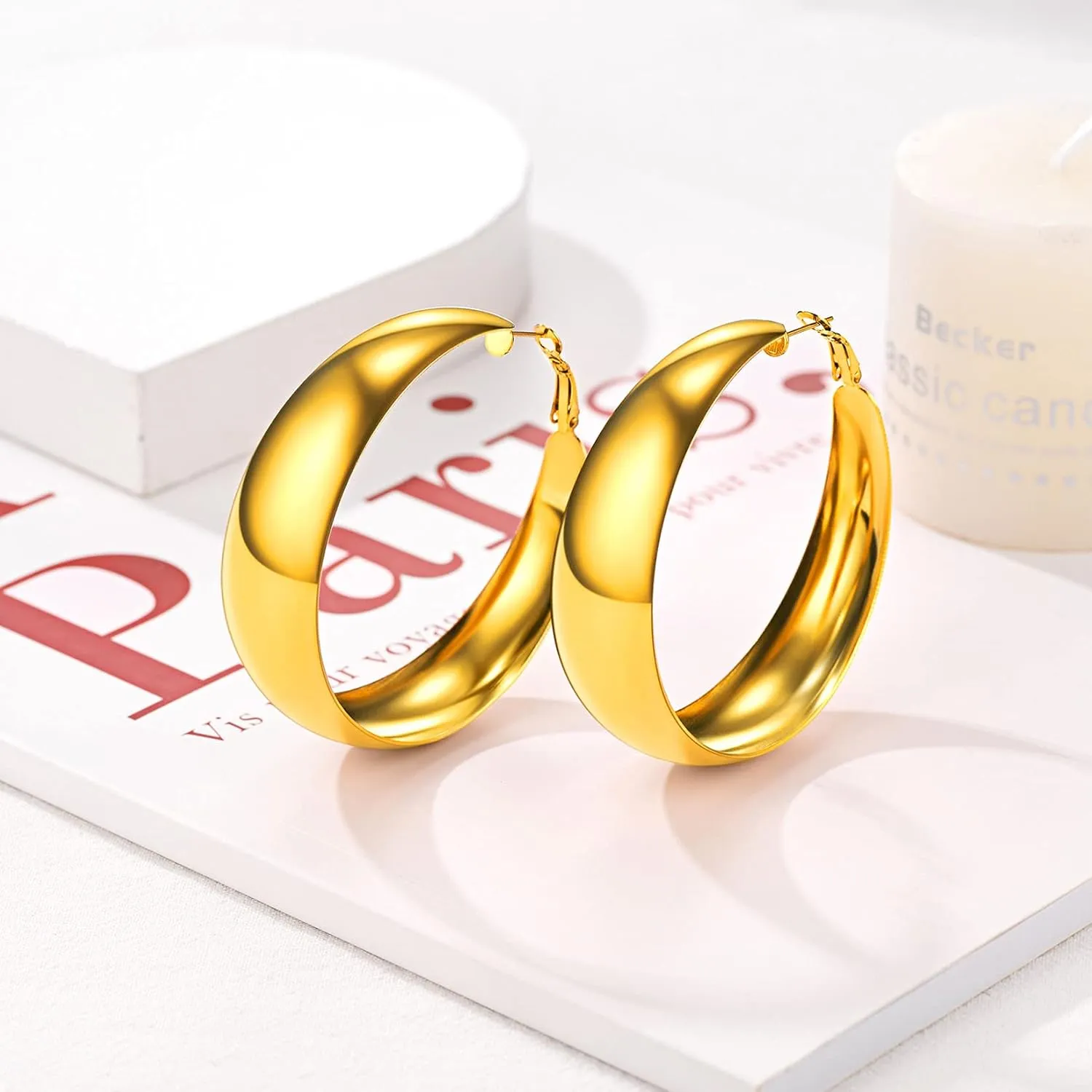 U7 Chunky Hoop Earrings for Women, 30/40/60/80mm Stainless Steel Hoops, Gold Hoop Earrings, Simple & Polished Thick Ear Jewelry,Black Hoop Earrings