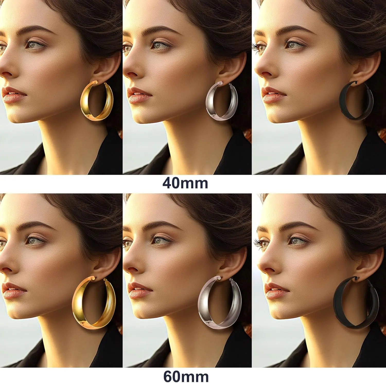 U7 Chunky Hoop Earrings for Women, 30/40/60/80mm Stainless Steel Hoops, Gold Hoop Earrings, Simple & Polished Thick Ear Jewelry,Black Hoop Earrings