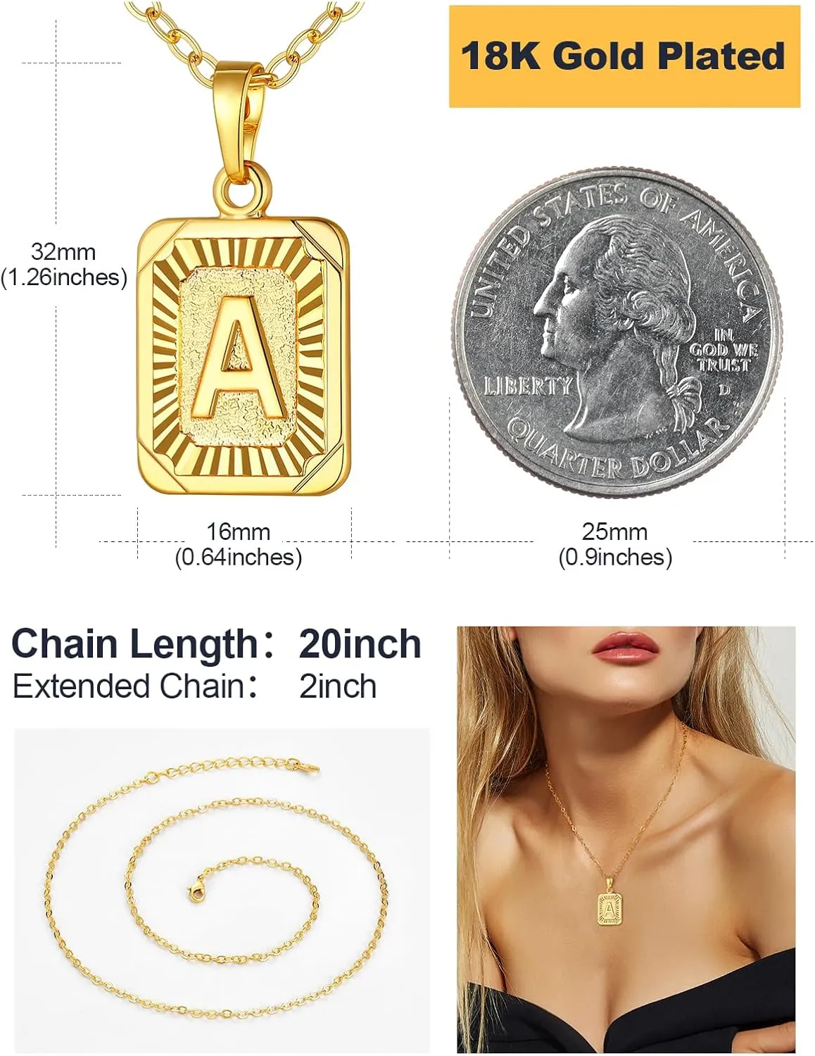 U7 Monogram Necklace A-Z 26 Letters Pendants 18K Gold/Platinum Plated Square Capital Initial Necklaces for Women Men, Resizable Chain 20"-22"