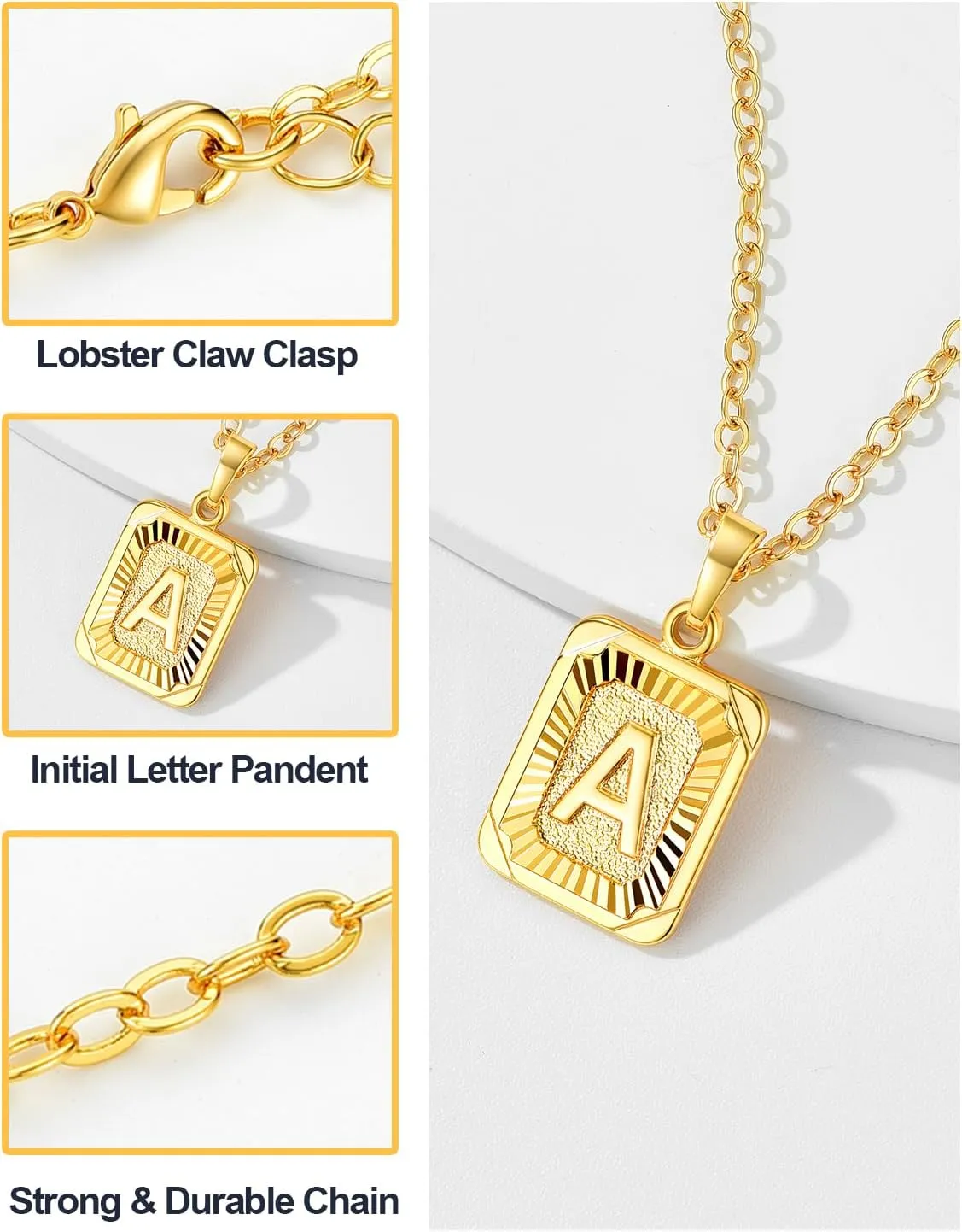 U7 Monogram Necklace A-Z 26 Letters Pendants 18K Gold/Platinum Plated Square Capital Initial Necklaces for Women Men, Resizable Chain 20"-22"