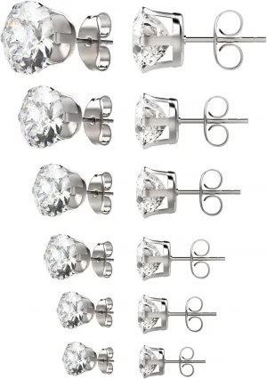 UHIBROS 6 Pairs Stainless Steel Stud Earrings Set Hypoallergenic Cubic Zirconia 14K White Gold 316L CZ Earrings