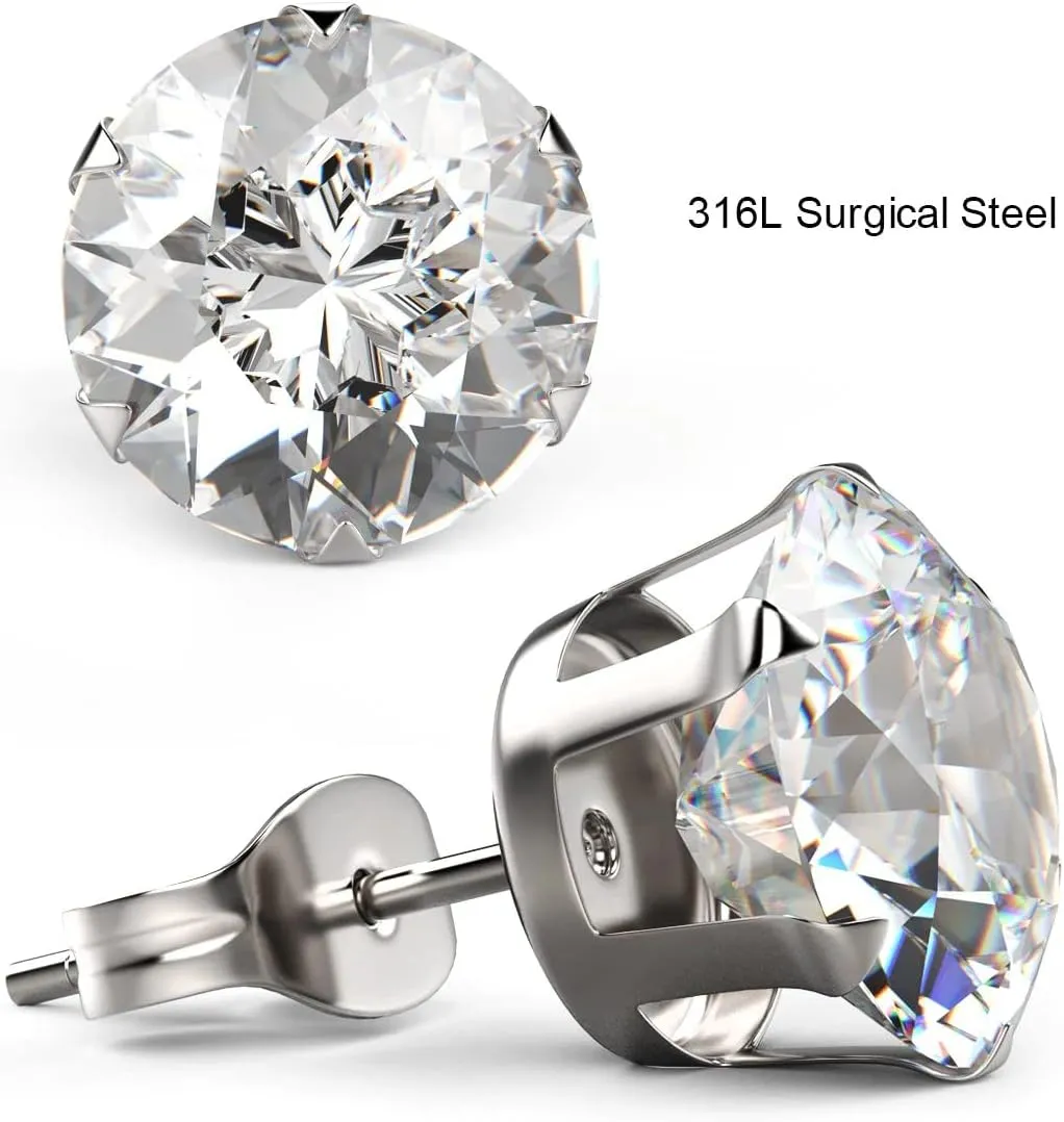 UHIBROS 6 Pairs Stainless Steel Stud Earrings Set Hypoallergenic Cubic Zirconia 14K White Gold 316L CZ Earrings