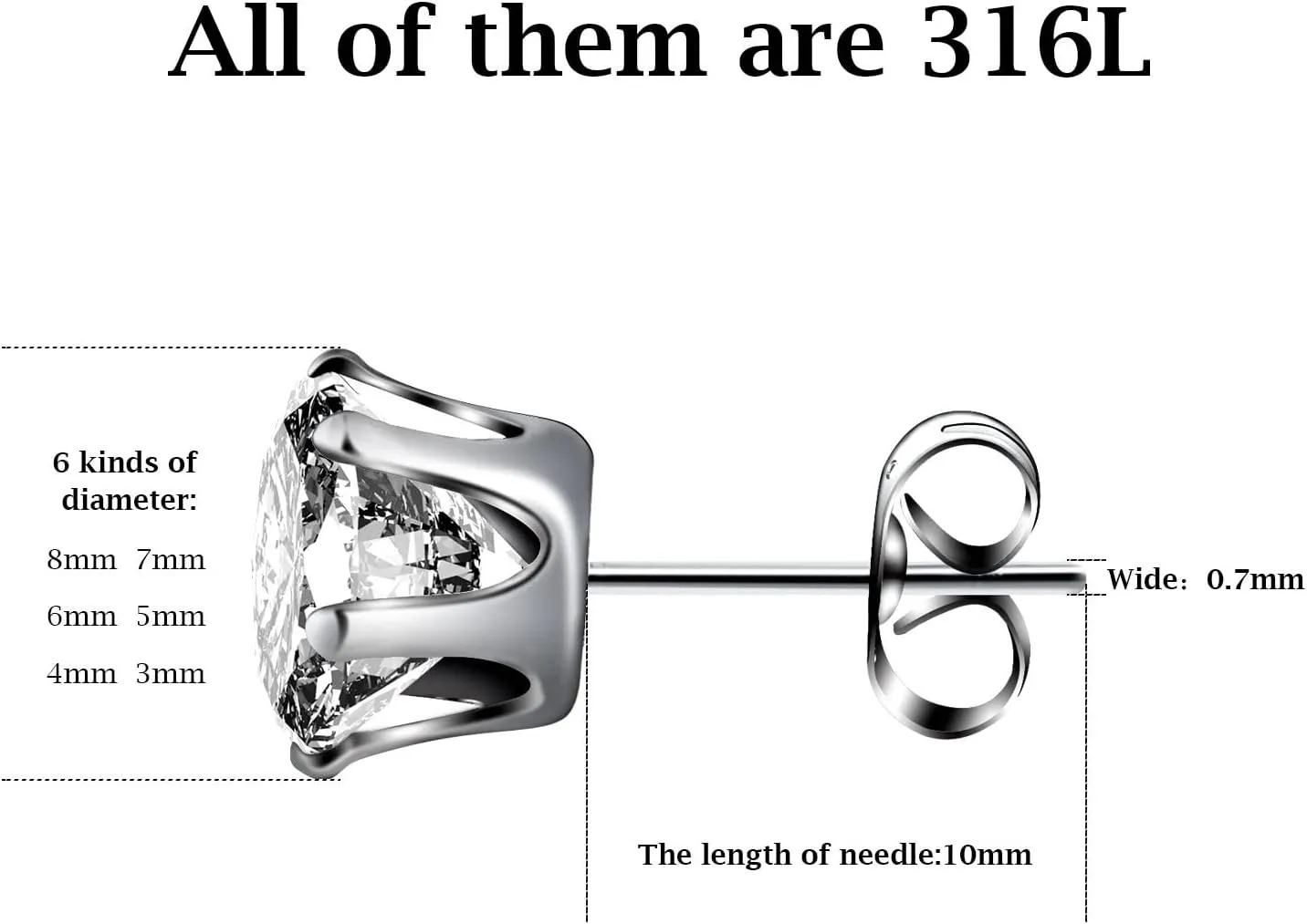 UHIBROS 6 Pairs Stainless Steel Stud Earrings Set Hypoallergenic Cubic Zirconia 14K White Gold 316L CZ Earrings