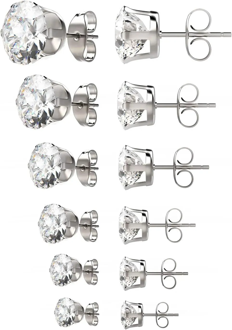 UHIBROS 6 Pairs Stainless Steel Stud Earrings Set Hypoallergenic Cubic Zirconia 14K White Gold 316L CZ Earrings