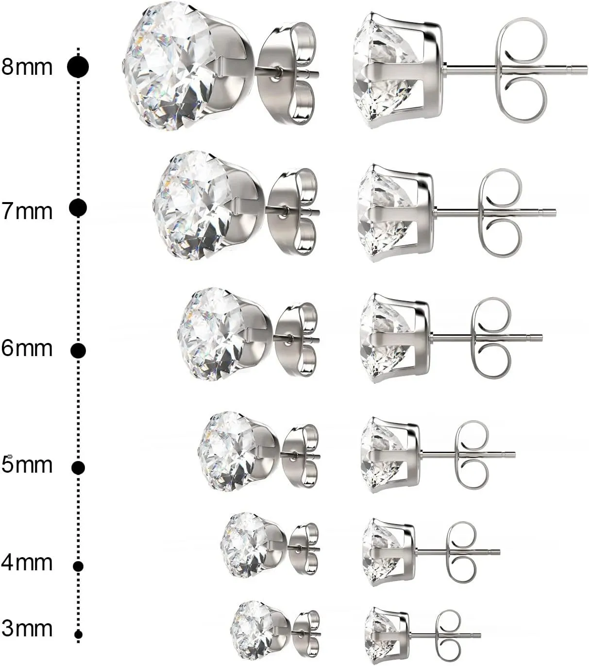 UHIBROS 6 Pairs Stainless Steel Stud Earrings Set Hypoallergenic Cubic Zirconia 14K White Gold 316L CZ Earrings