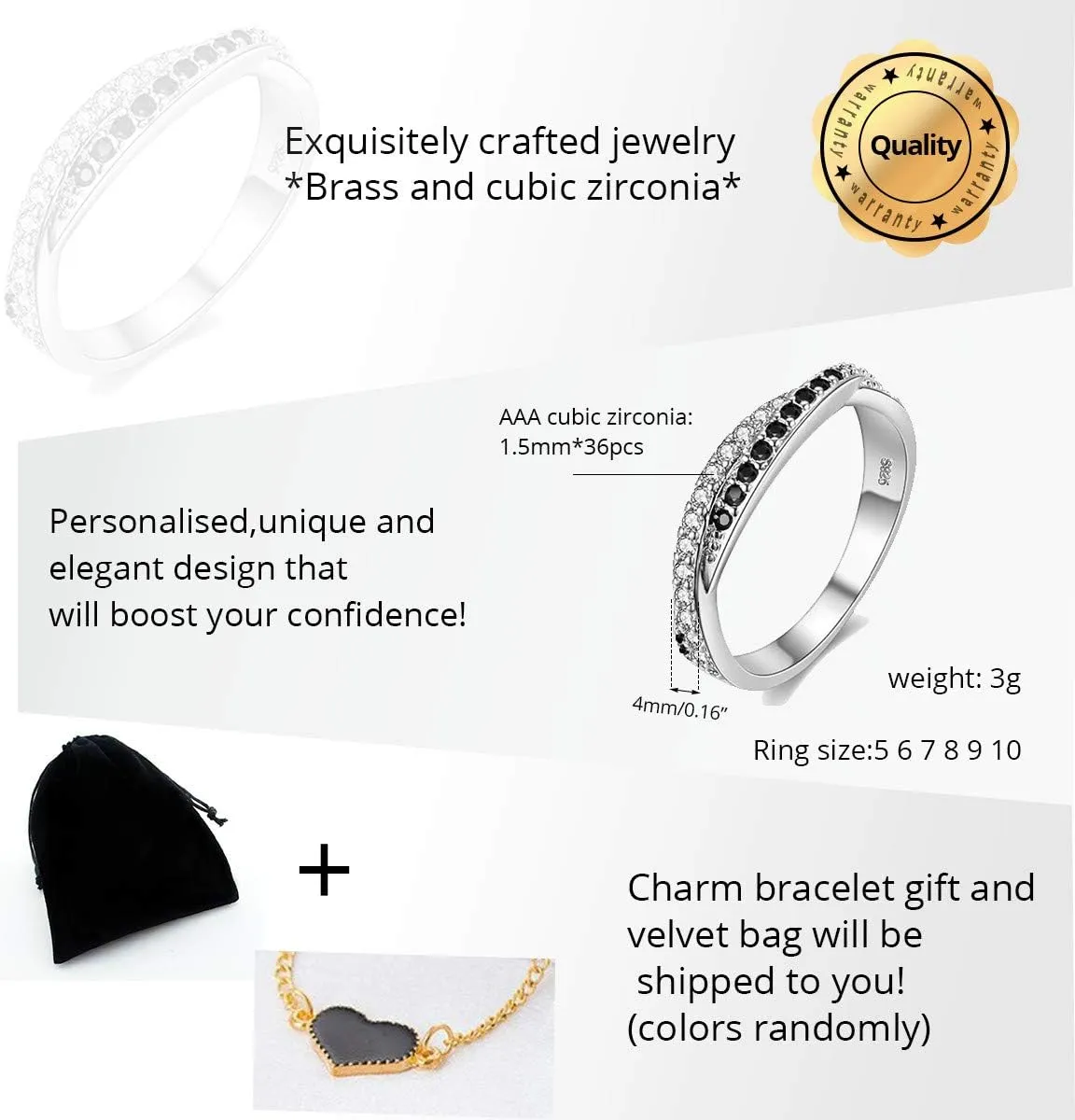Uloveido Twisted Cross X Silver Plated CZ Crystal Eternity Rings Black and White Wedding Band Y022
