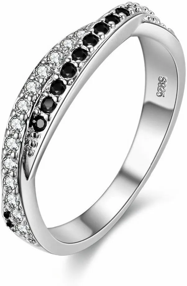Uloveido Twisted Cross X Silver Plated CZ Crystal Eternity Rings Black and White Wedding Band Y022