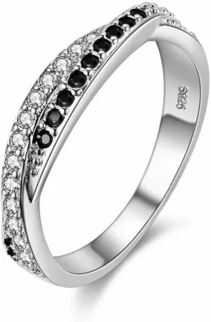 Uloveido Twisted Cross X Silver Plated CZ Crystal Eternity Rings Black and White Wedding Band Y022