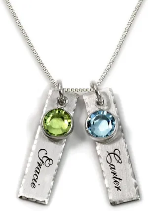 Unity in Two Personalized Charm Necklace. Customize 2 Sterling Silver Rectangular Pendants with Names of Your Choice. Choose 2 Swarovski Birthstones, and 925 Chain. Makes Gifts for Her
