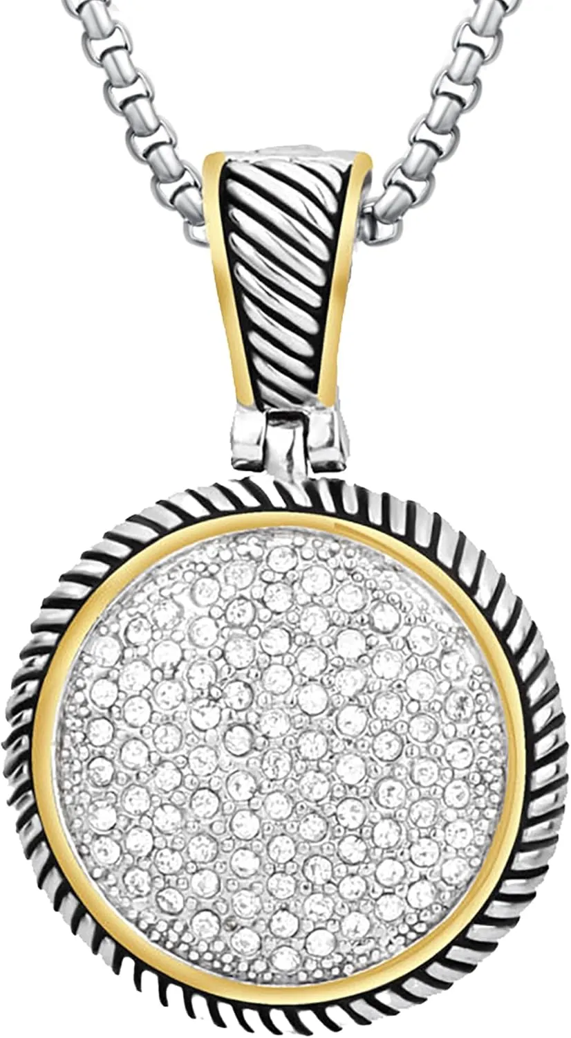 UNY JEWEL Jewelry Make a Statement With Our Two Tone Twisted Cable Wire Round Circle Enhancer Pendant Featuring Pave Rhinestone 2mm Box Chain 45cm   5cm Extension