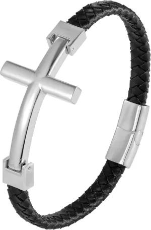 Urban Jewelry Trendy Mens Cross Bracelet  Lords Cross in a Luminous Silver or Gold Finish  Rust & Discoloration Resistant Stainless Steel Charm  Black Genuine Leather Rope Cord