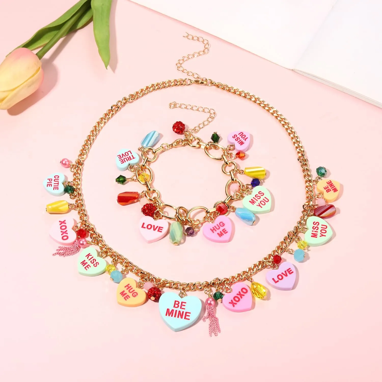 Valentines Day Necklace Earrings for Women LOVE XOXO Conversation Heart Choker Necklace Pink Chunky Link Chain Necklace Valentines Day Outfits Jewelry Gifts Party Favors
