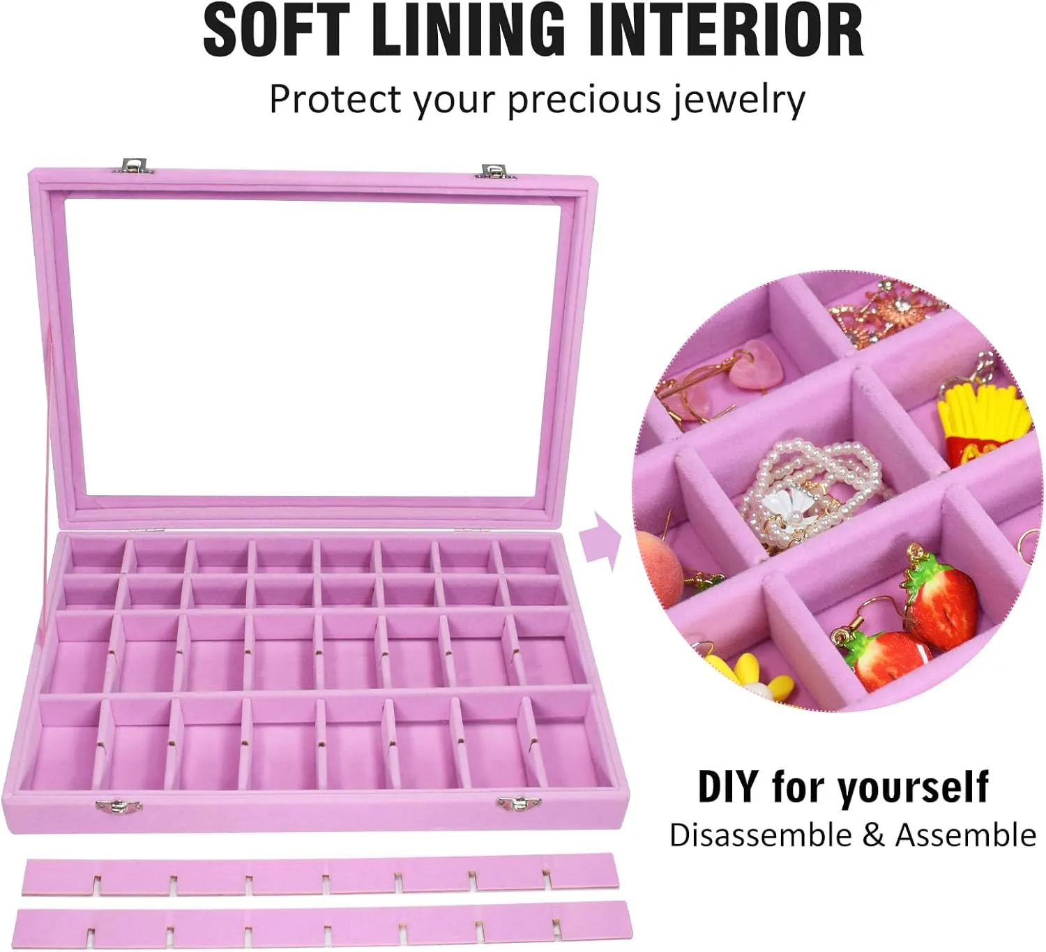 Velvet Jewelry Tray 48 Compartments Jewelry Display Organizer with Transparent Cover Rings, Earrings, Necklaces, Pendants Storage Box for Girls, Wives, Mothers, Women