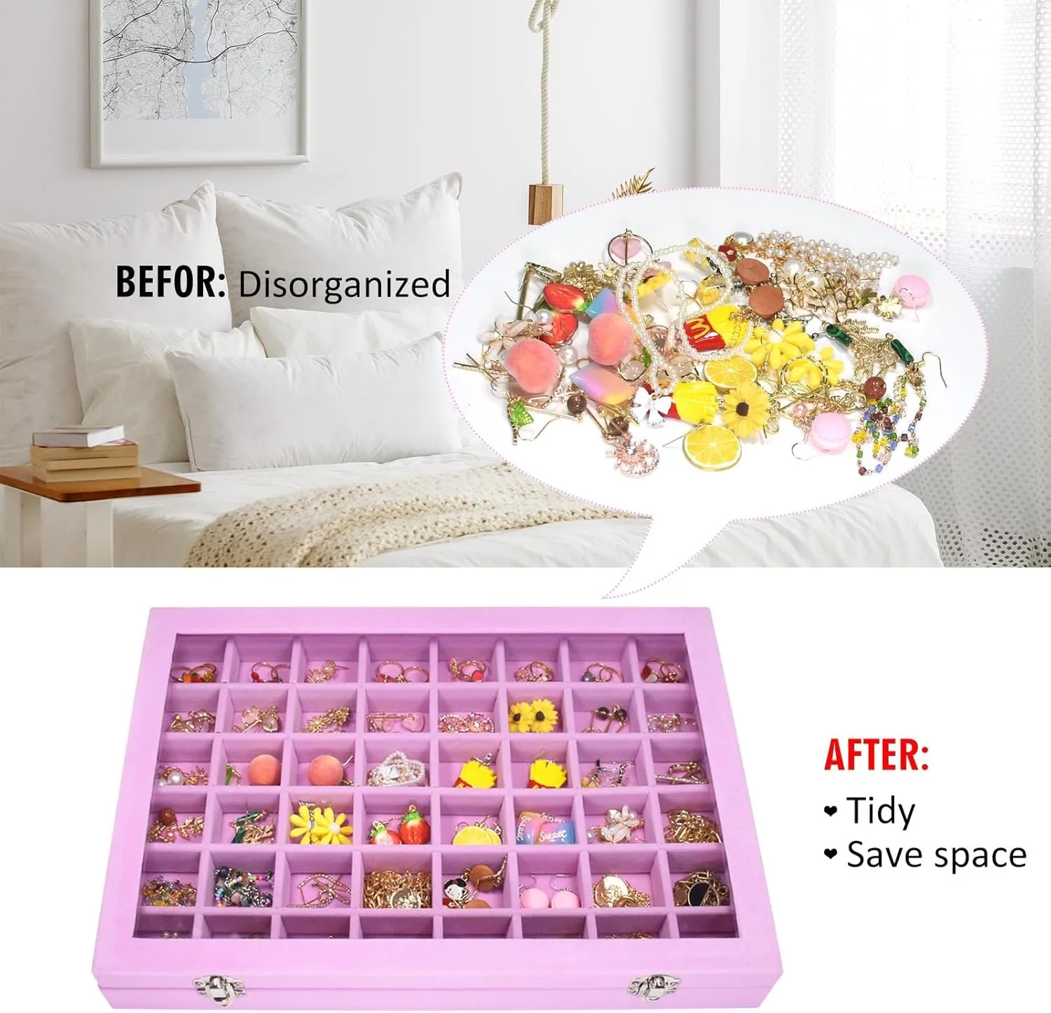 Velvet Jewelry Tray 48 Compartments Jewelry Display Organizer with Transparent Cover Rings, Earrings, Necklaces, Pendants Storage Box for Girls, Wives, Mothers, Women