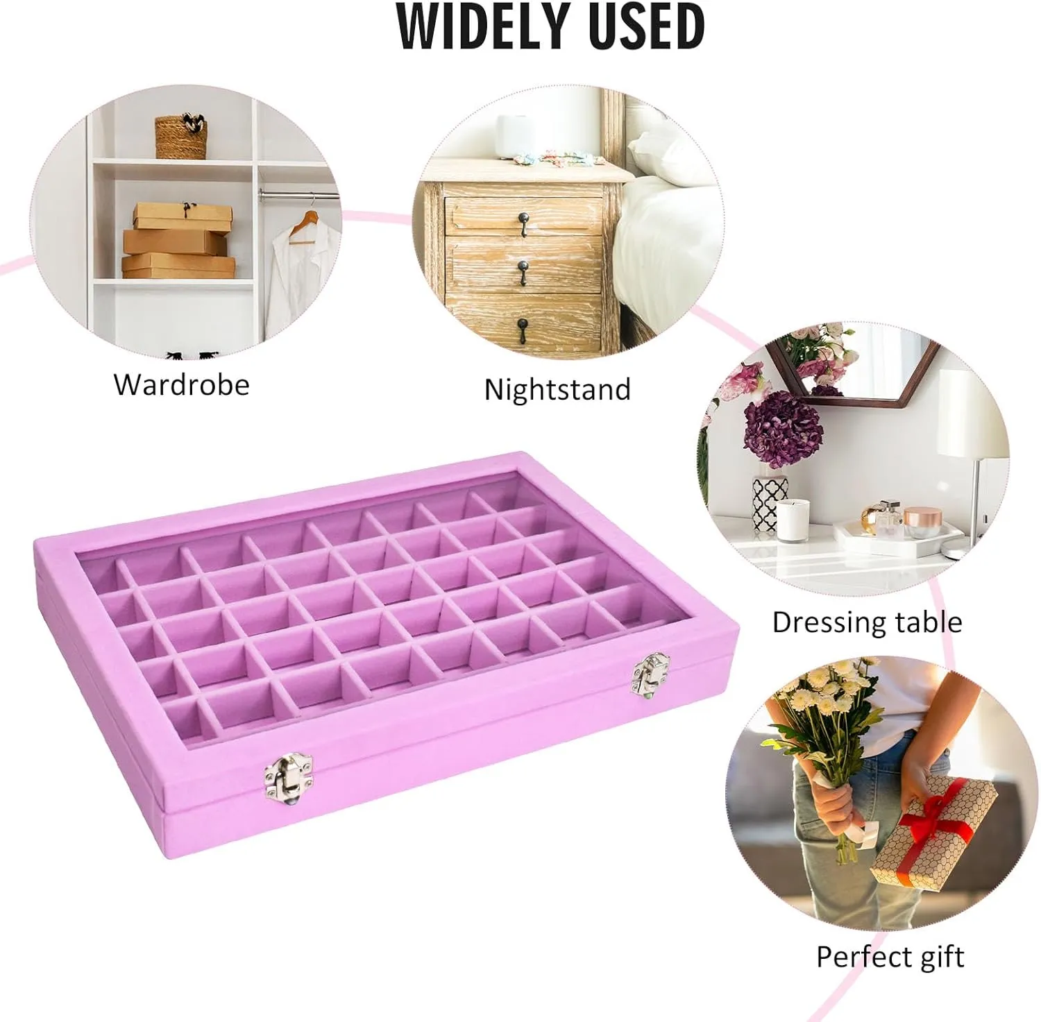Velvet Jewelry Tray 48 Compartments Jewelry Display Organizer with Transparent Cover Rings, Earrings, Necklaces, Pendants Storage Box for Girls, Wives, Mothers, Women