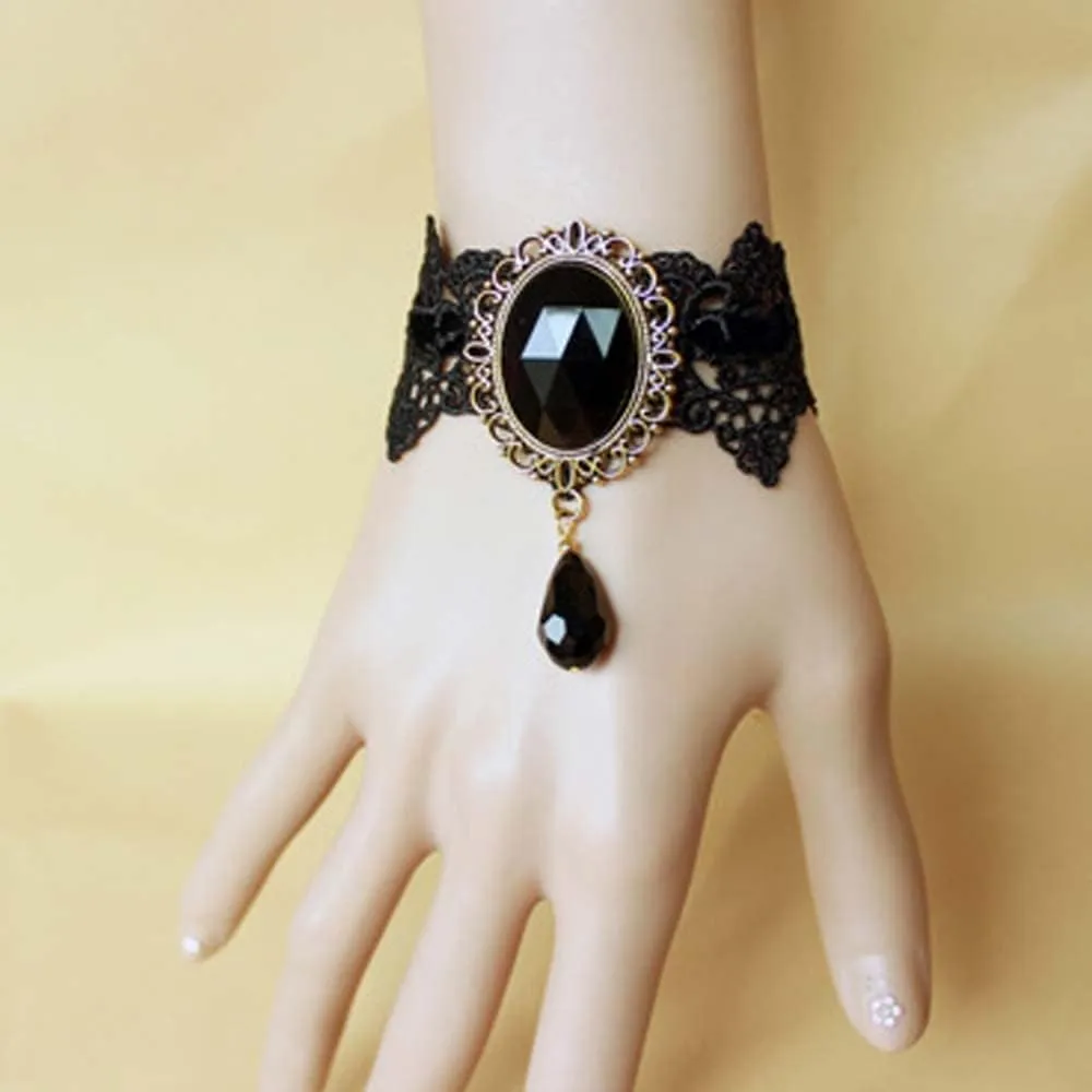 Victorian Costume Party Stone Lace Choker & Bracelet Vintage Black Lace Choker Necklace & Bracelet for Halloween Cosplay