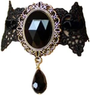 Victorian Costume Party Stone Lace Choker & Bracelet Vintage Black Lace Choker Necklace & Bracelet for Halloween Cosplay
