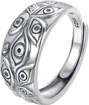 Vintage 925 Sterling Silver vil Eye Rings Retro Adjustable Eye of God Rings for Women Men Punk Accessories Ring Jewelry Birthday Farther's Day Graduation Gifts for Mother Father