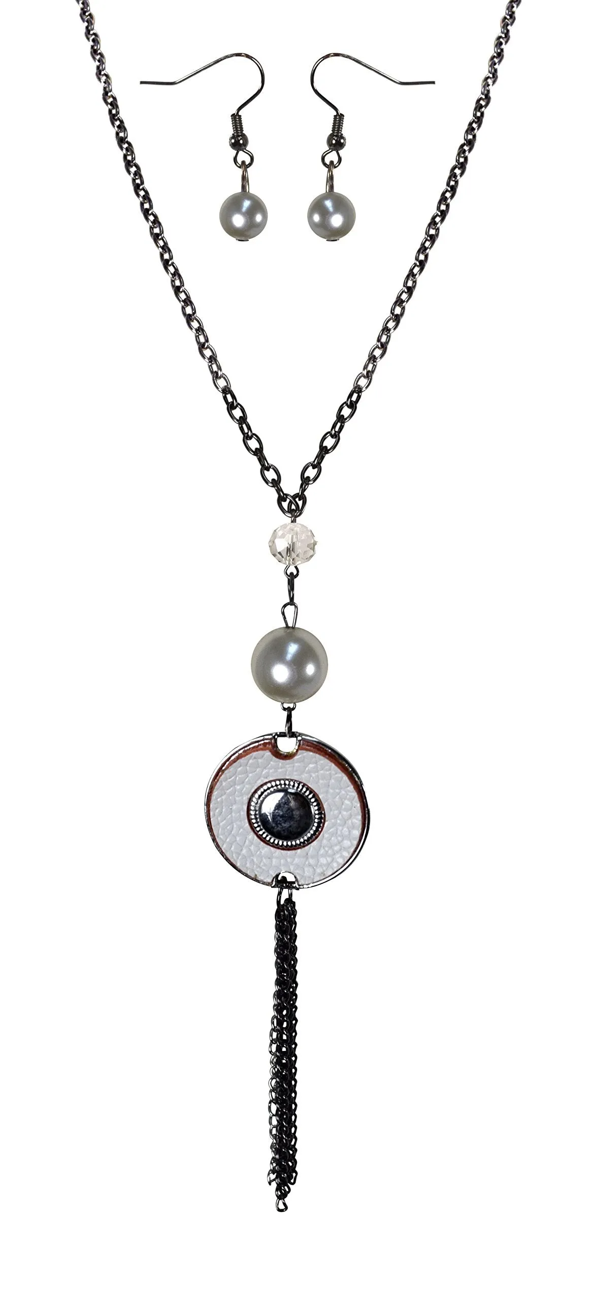 Vintage Chic Long Chain Large Pearl Circle Necklace Earrings Set