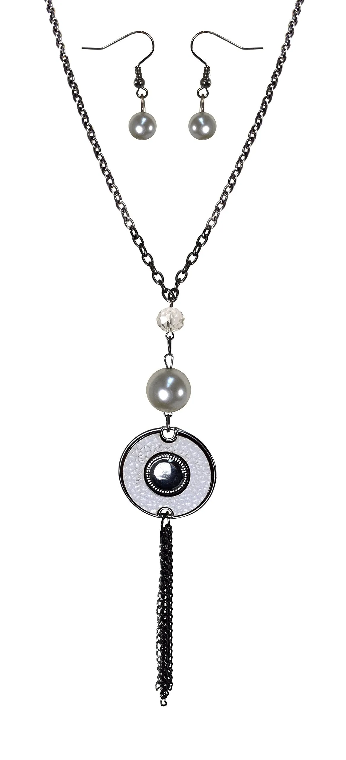 Vintage Chic Long Chain Large Pearl Circle Necklace Earrings Set