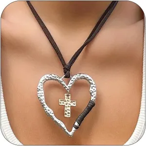 Vintage Large Two Tone Heart Choker Necklace for Women, Trendy Hammered Cross Multi Tiered Love Heart Pendant Necklace Boho Geometric Y2K Jewelry Gift